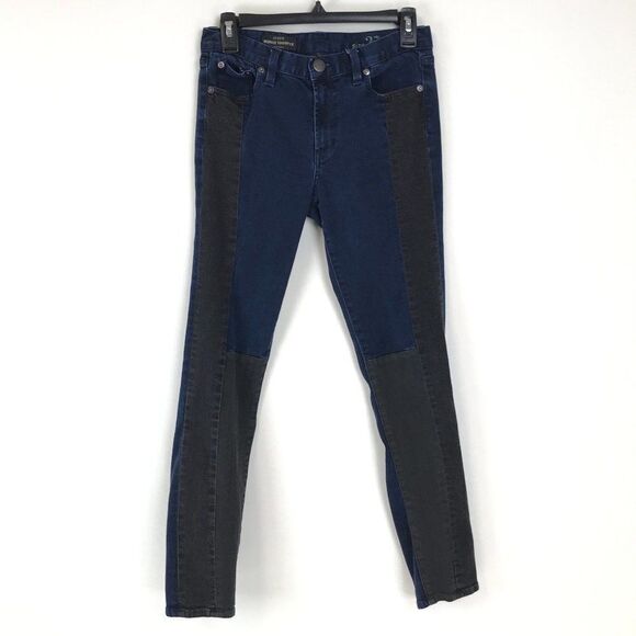 J. Crew Midrise Toothpick Blocked Indigo Jean Women's Size 27 Stretch Colorblock - Picture 1 of 11